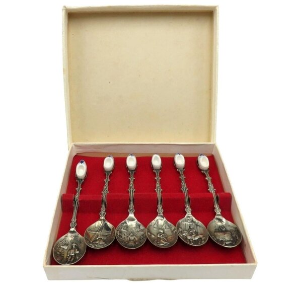 Set Of 6 Dutch Themed Silver-Plated Collectible Spoons In Presentation Box Vinta - Picture 1 of 10